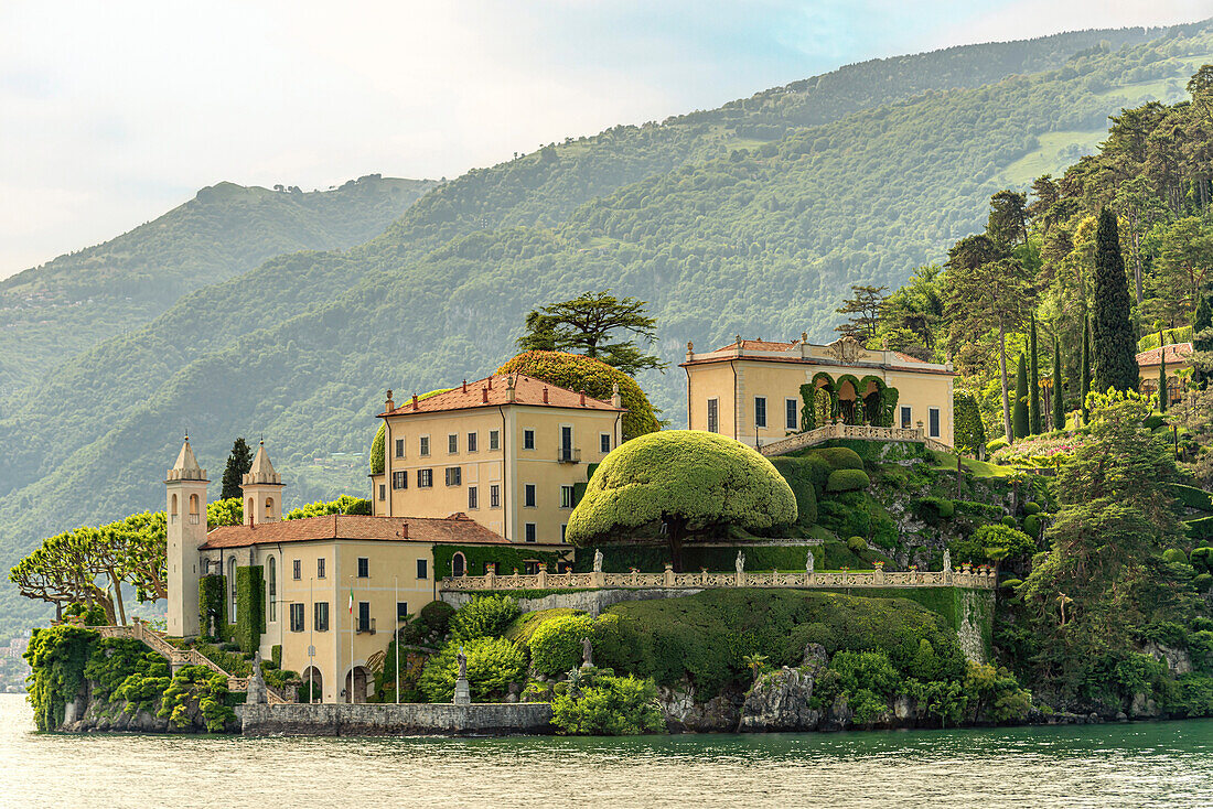 Villa Balbianello in Lenno on Lake Como seen from the lake side, Lombardy, Italy