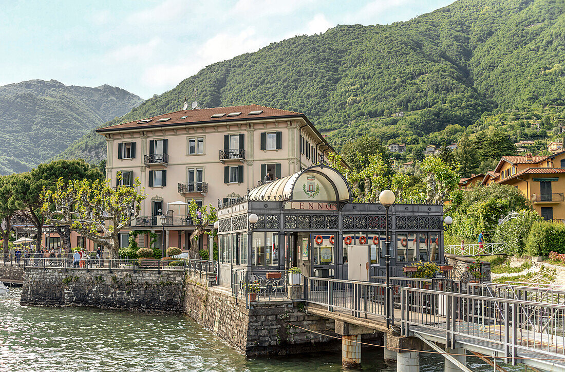 Shipping pier of Lenno on Lake Como seen from the lake side, Lombardy, Italy