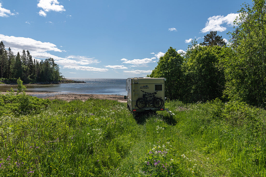 A van in the middle of a flower meadow by the sea, Lövudden, Västernorrland, Sweden