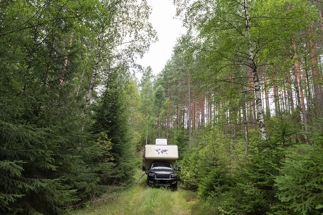 Ford Ranger with add-on cabin deep in the forest, near Eksjö, Jönköpimgs Län, Sweden