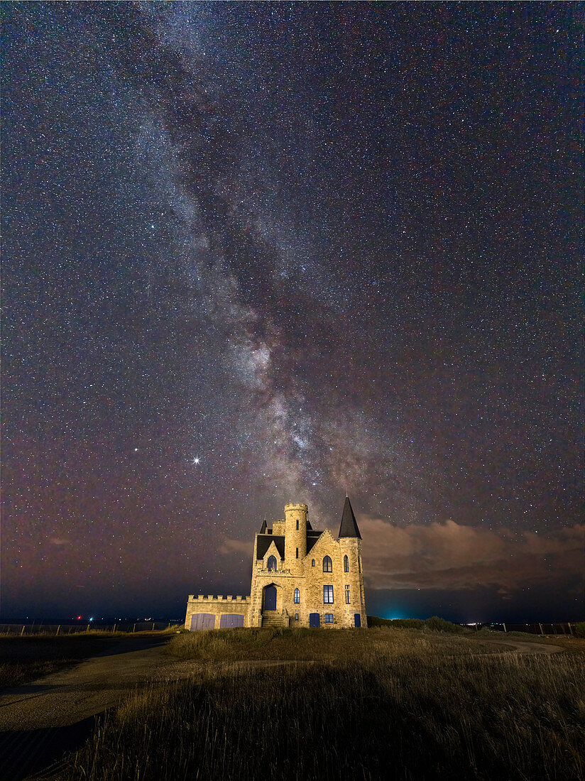 Milky Way above the castle, Quiberon, Brittany, France, Europe