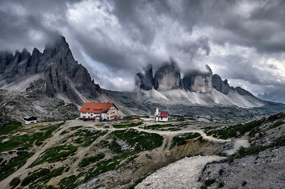 Cloudy day on Locatelli hut and Three Peaks in the Dolomites, Trentino-Alto Adige, Italy, Europe
