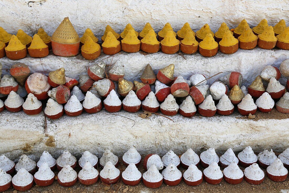 Bhutan, along river Thimphu,small potteries containing ashes of deceased peoples 