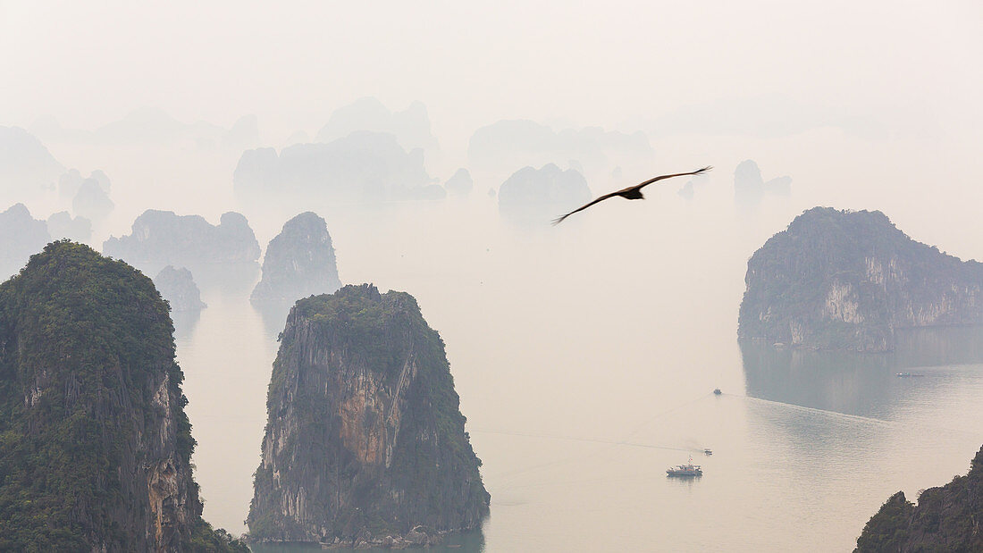 Aerial view over misty Ha Long Bay, North Vietnam