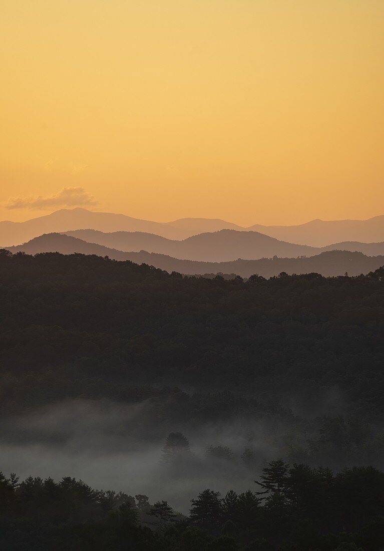 USA,Georgia,Orange sky above Blue Ridge Mountains at sunrise