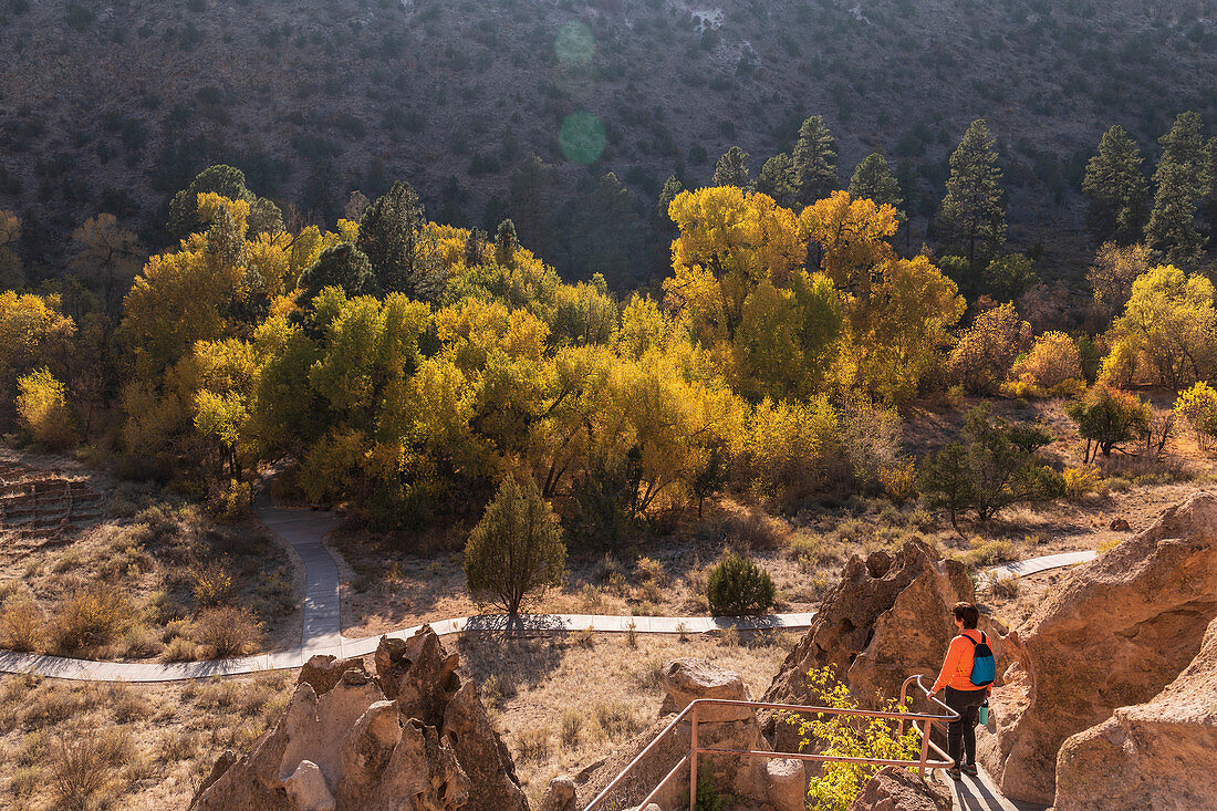 USA,New Mexico,Bandelier National Monument,Woman hiking in Bandelier National Monument