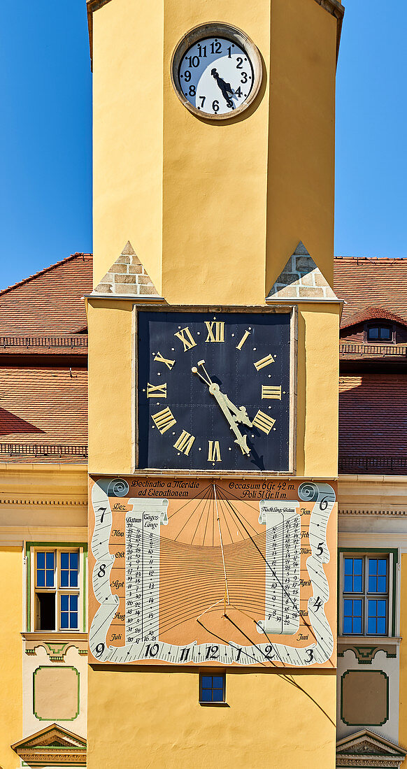 Three clocks on the town hall of Bautzen, Bautzen, Germany