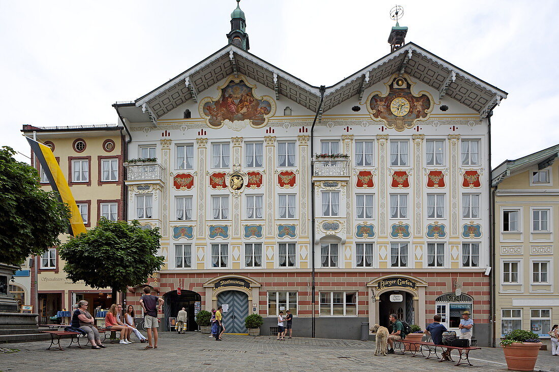 Facade of the city museum in the old town hall, Marktstrasse, Bad Toelz, Isarwinkel, Upper Bavaria, Bavaria, Germany