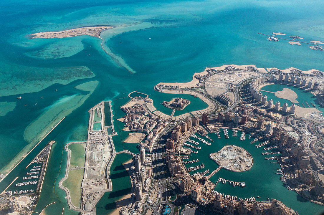 Aerial view of The Pearl Doha island with marina, above Doha, Qatar, Middle East