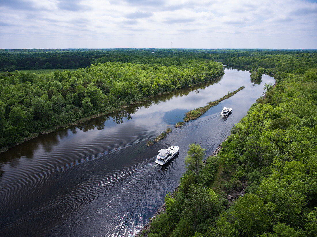 Aerial view of two Le Boat Horizon houseboats on River Tay River, North near Perth, Ontario, Canada, North America