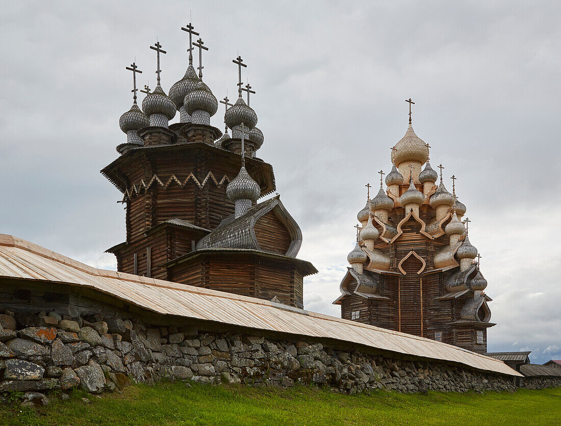 Museum Island Kishi, Kishi Architectural Ensemble, Church of the Transfiguration of Christ , Church of the Protection of the Virgin Mary, Church of the Protection and Intercession , Kizhi Island, Kizhi Island, Lake Onega, Republic of Karelia, Russia, Europe