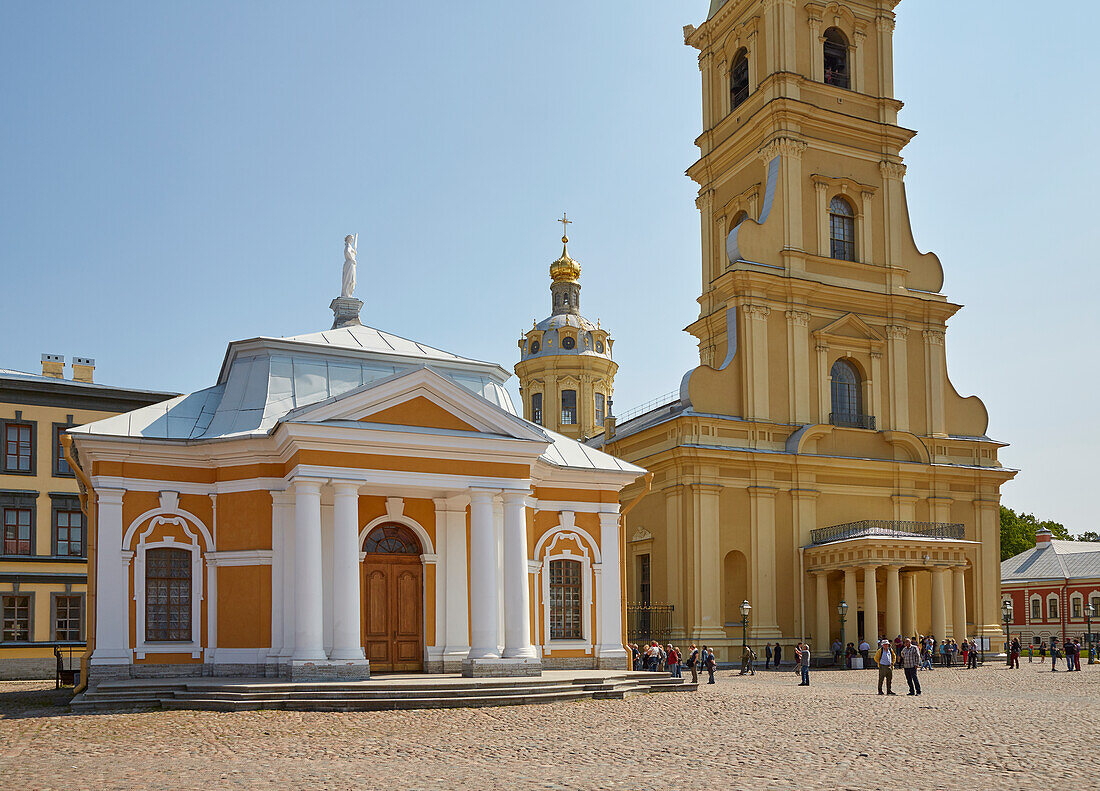 St. Petersburg, Peter-Paul-fortress with Peter-Paul-Cathedral and the boathouse for the self-built dinghy Tsar Peters I., Peter and Paul Cathedral, Rabbit Island, Russia, Europe