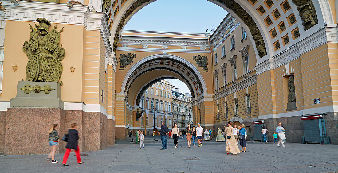 View from the Palace Square through the Triumphal Arch into the Bolshaya Morskaya, Historic Center, St. Petersburg, Russia, Europe