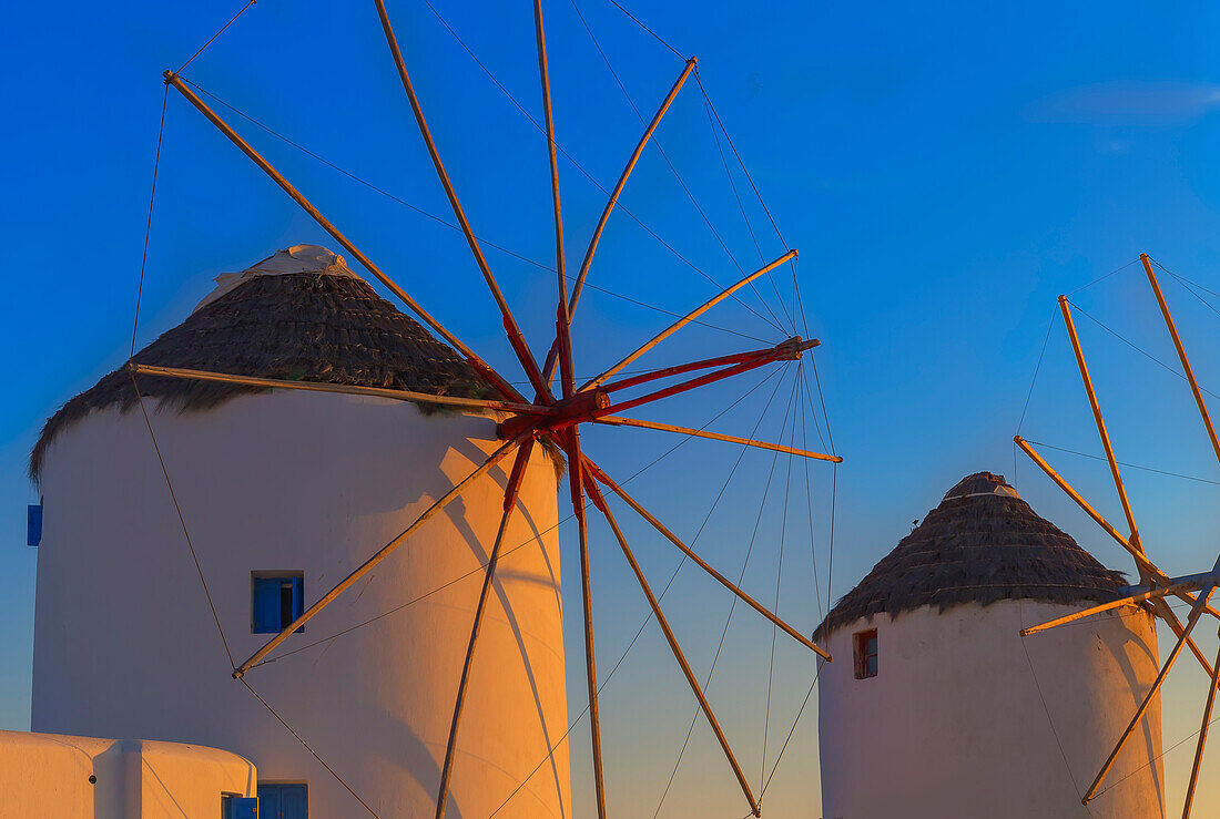 Windmills Kato Mili at sunset, Mykonos Town, Mykonos, Cyclades Islands, Greece
