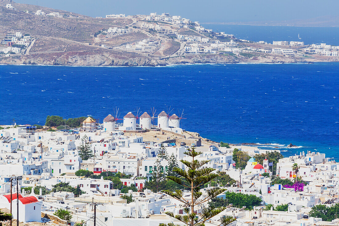 Mykonos Town and old harbour, elevated view, Mykonos, Cyclades Islands, Greece