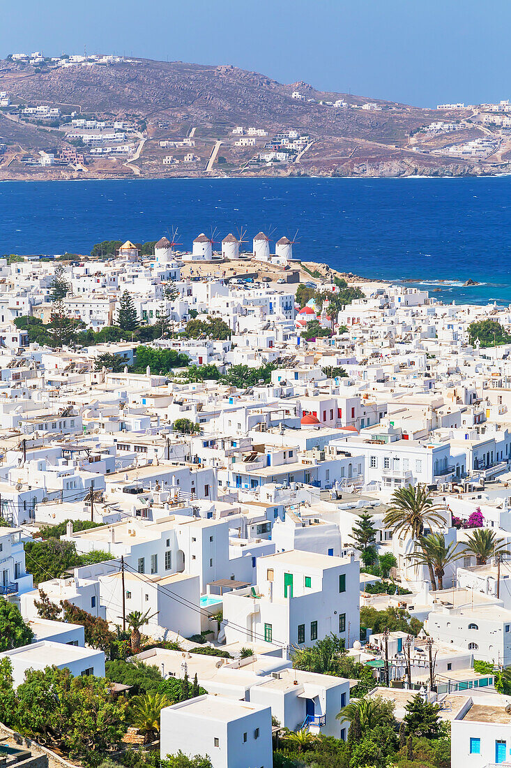 Mykonos Town and old harbour, elevated view, Mykonos, Cyclades Islands, Greece