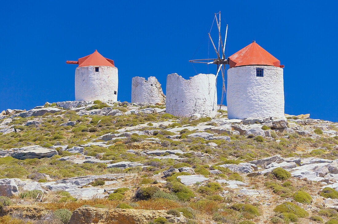 Traditional windmills, Chora, Amorgos, Cyclades Islands, Greece