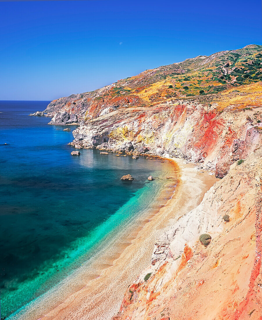 Top view of the volcanic beach of Paleokori, Milos, Cyclades Islands, Greece, Europe