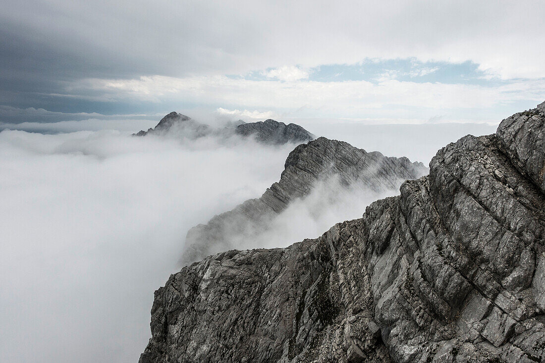 Steintalhörnl and Hocheisspitze rise above the fog, Berchtesgaden Alps, Bavaria, Germany