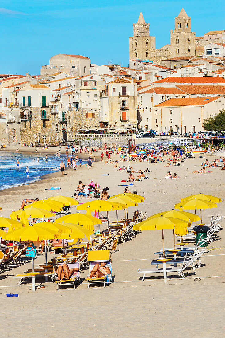 Cefafu beach and seafront, Cefalu, Sicily, Italy