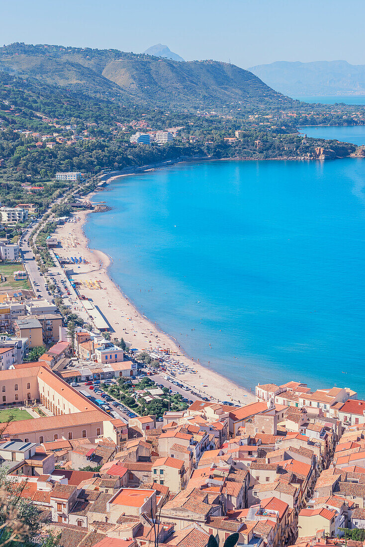 Cefalu town and coastline, elevated view, Cefalu, Sicily, Italy