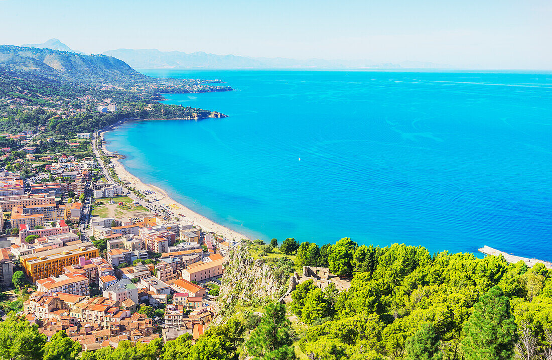 Cefalu town and coastline, elevated view, Cefalu, Sicily, Italy