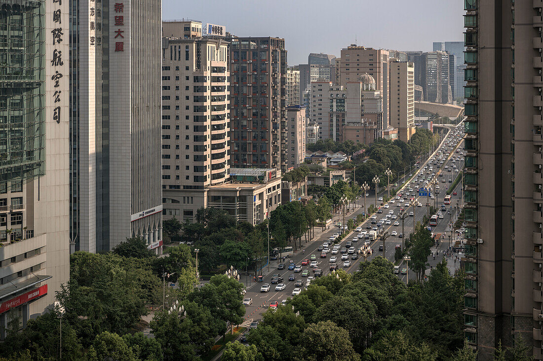 Traffic and skyscrapers in Chengdu, Sichuan Province, China, Asia