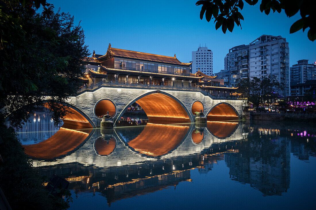 illuminated Ashun Bridge, Chengdu, Jin River, Sichuan Province, China, Asia