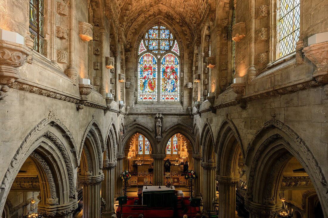 Rosslyn-Kapelle, gotische Kirche, Hauptschiff, Roslin, Midlothian, Schottland, UK 