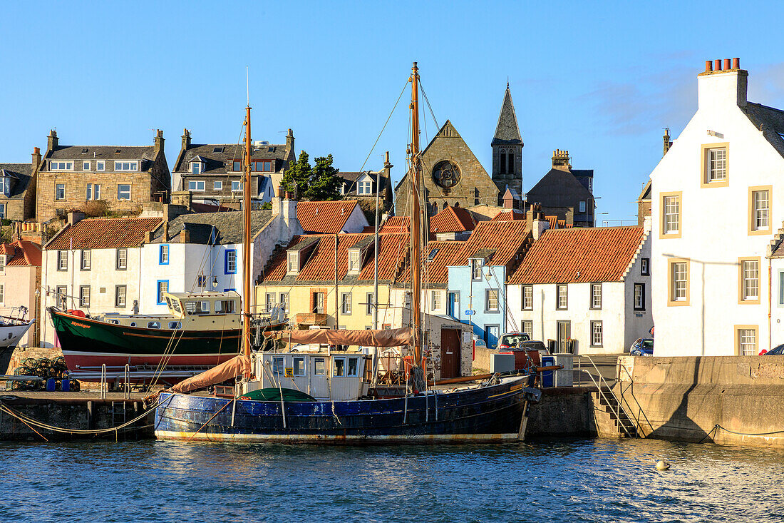 The harbor at St Monans, fishing village, lobster basket, boats, Fife, Scotland, UK
