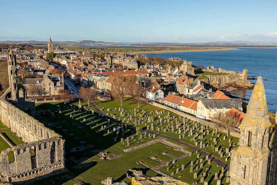 St. Andrews Cathedral ruin and graveyard, view from tower, Fife, Scotland, UK