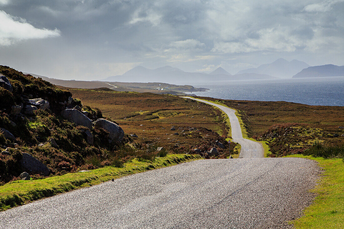 Lonely empty country road along the Applecross coast, single track, Wester Ross, Scotland UK