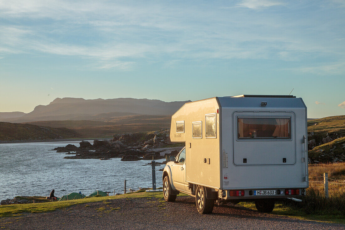 Camper, motorhome, parking space, four wheel drive bimobile, Summer Isles, Scotland UK