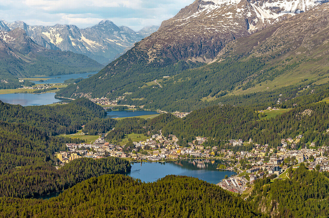 View of the Engadin valley seen from Muottas Muragl, Graubünden, Switzerland