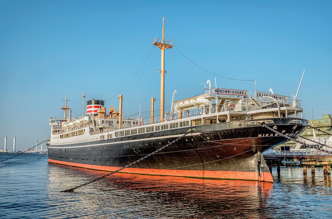 Hikawa Maru a Japanese ship of the line anchors as a museum ship at Yamashita Park, Naka-ku, Yokohama, Japan.