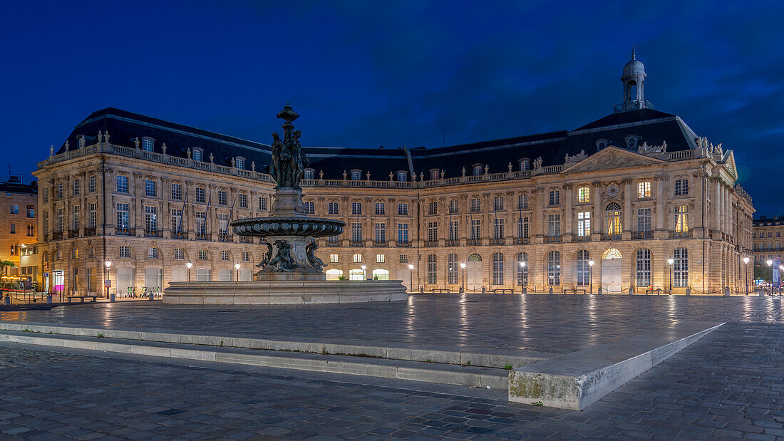 Place de la Bourse, stock exchange square at night, Bordeaux, France
