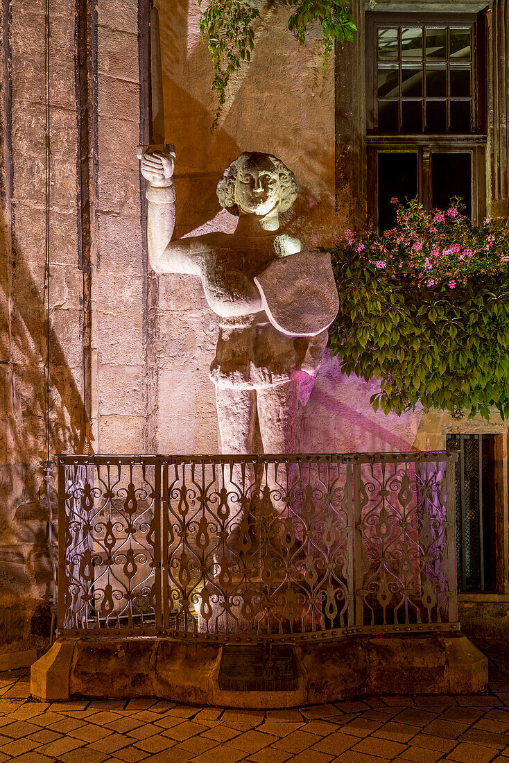 Illuminated Roland statue in front of the historic town hall, World Heritage City of Quedlinburg, Saxony-Anhalt, Germany
