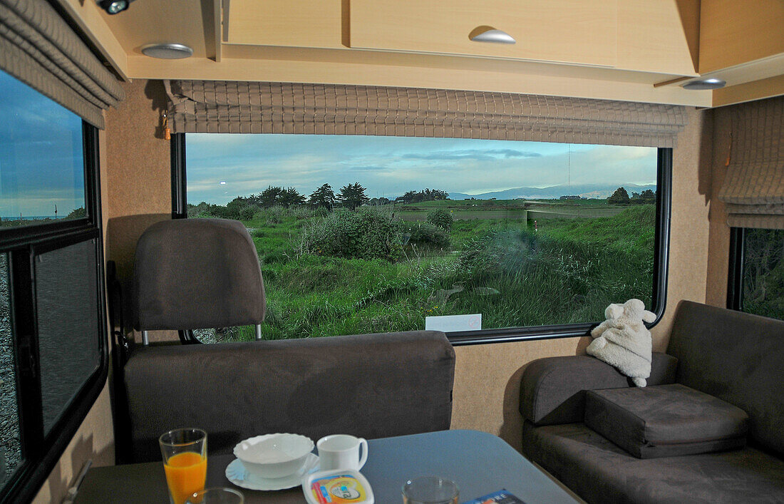 Breakfast in the camper with a view, South Island, New Zealand