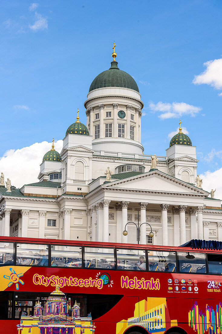 Tourist bus in front of the cathedral, Helsinki, Finland