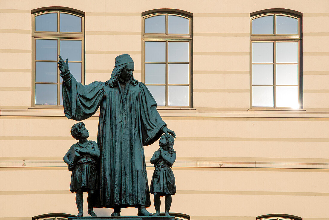 Francke Foundations, monument to August Hermann Francke, German Protestant theologian, pedagogue and hymn poet, one of the main representatives of Pietism, Halle, Saxony-Anhalt, Germany