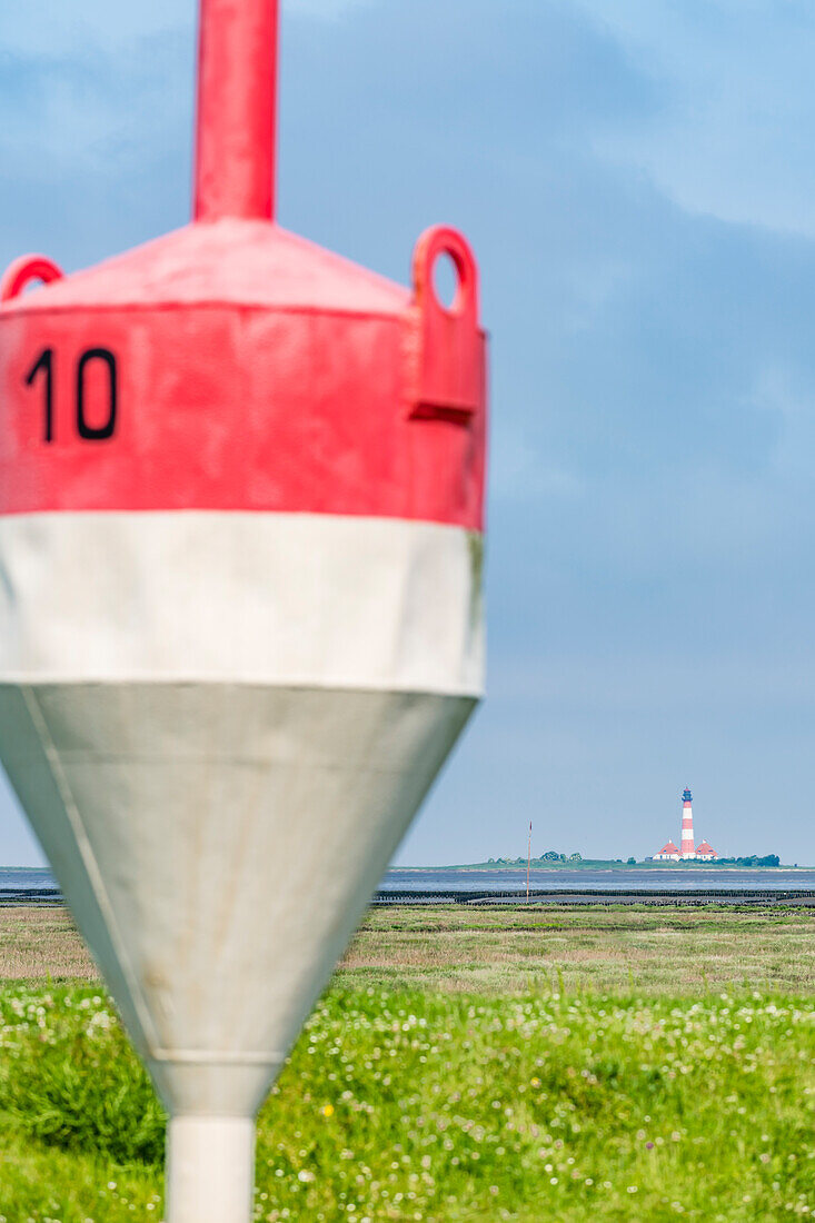 Road buoy, lighthouse, Westerhever, Schleswig-Holstein, Germany