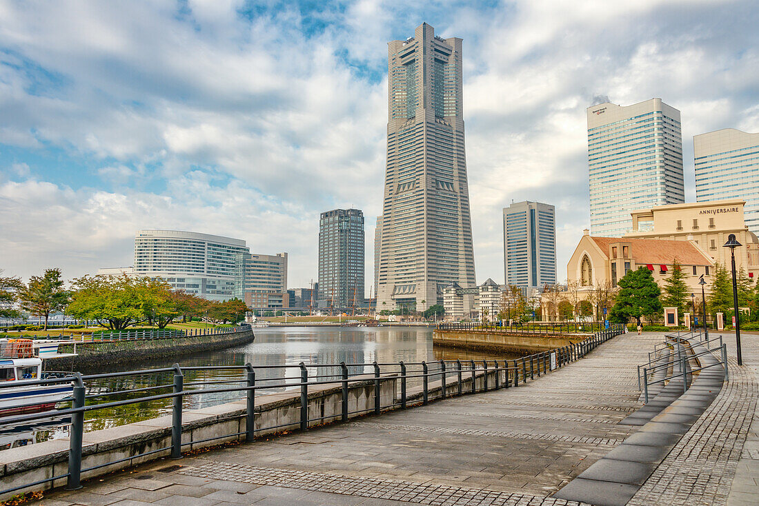 Yokohama skyline and lake promenade, Kanagawa, Japan