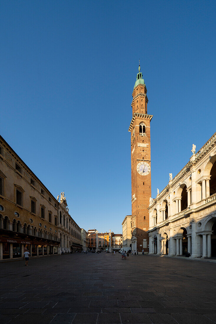 View of the Torre di Bissara at the Basilica the Palladiana in the evening light, Piazza dei Signori; Vicenza; Veneto; Italy.