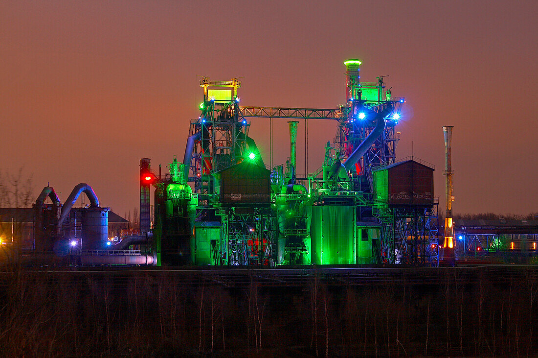 Exterior shot, former Thyssen iron and steel works in Meiderich; renamed in Landschaftspark Duisburg - Nord, Ruhr area, North Rhine-Westphalia, Germany, Europe