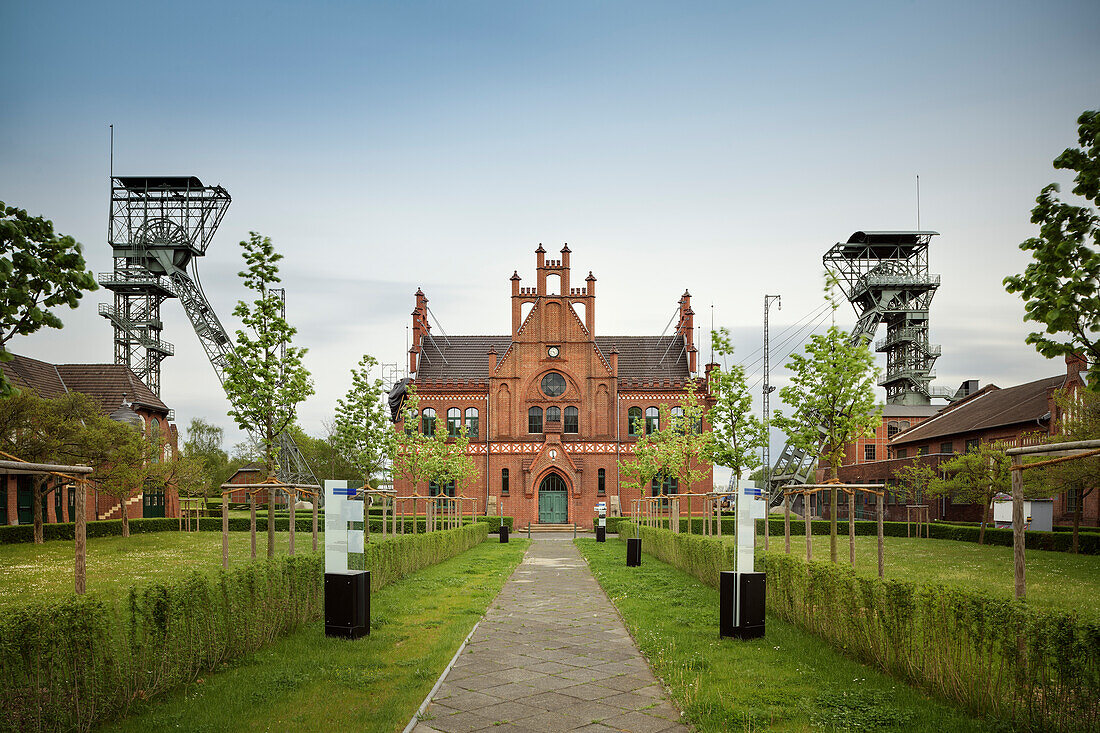 Administration building and winding towers, industrial museum Zeche Zollern, Bövinghausen, Dortmund, North Rhine-Westphalia, Germany