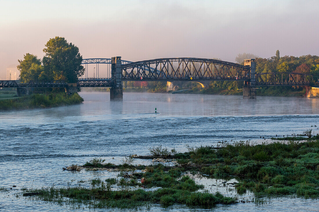 Historic lift bridge, morning fog on the Elbe, Magdeburg, Saxony-Anhalt, Germany