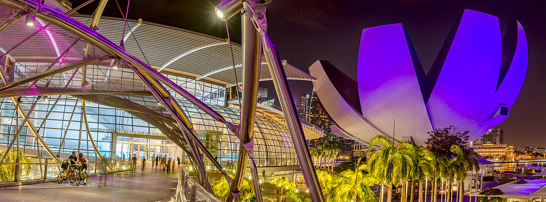 Marina Bay Sands Hafenpromenade und Art Science Museum bei Nacht, Singapur