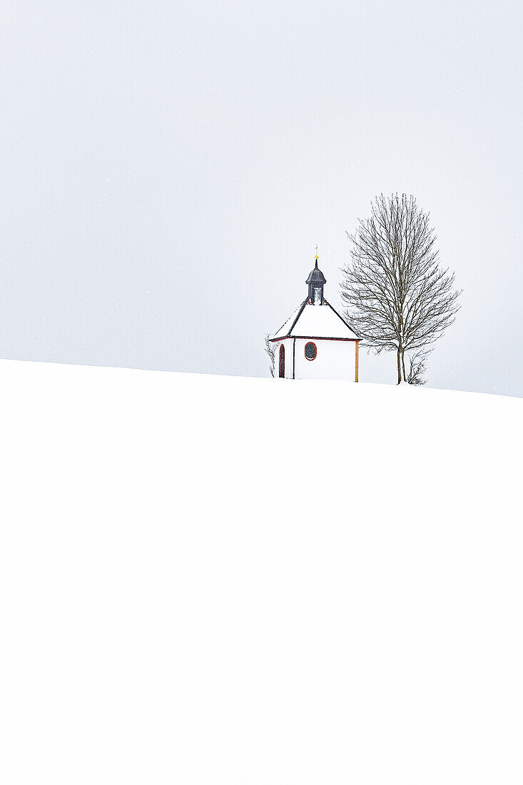 Blick auf eine Kapelle im Schnee und bei Schneefall, Allgäu, Bayern, Deutschland, Europa,