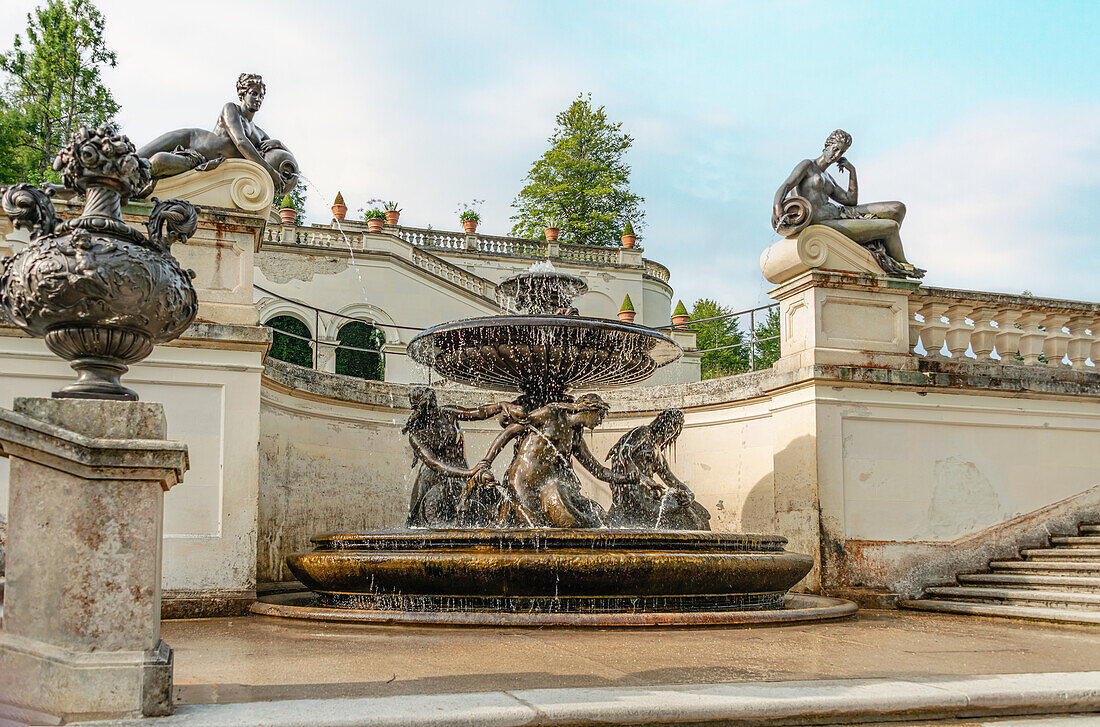 Najadenbrunnen on the terrace garden of the water parterre in the park of Linderhof Palace, Ettal, Bavaria, Germany