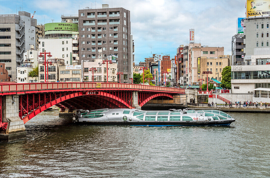 Tokyo Cruise Line tourist ship "Himiko" on the Sumida River near Asakusa in the centre of Tokyo, Japan